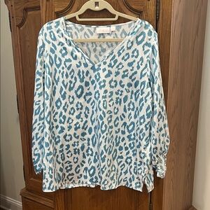 Belle by Kim Gravel Blue and White Animal Print Blouse